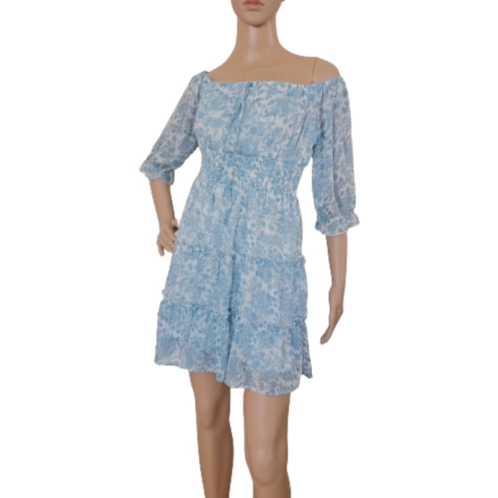 HINT OF BLUSH Blue & White Floral Off The Shoulder Ruffled Boho Mini Dress